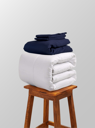 Amalfi Coast Inspired, Sateen Move-In Bundle made with Organic Cotton, Navy Blue, Plush - Includes Duvet Cover, Sheet Set, Down Alternative Comforter